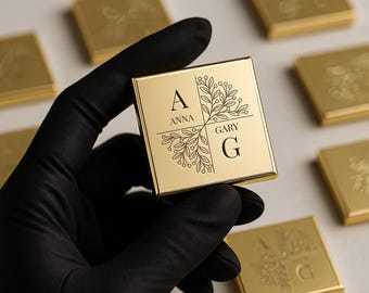 Personalized Wedding Chocolate Favors: Gold/Silver Finish, Plexiglass Tag