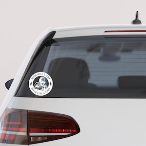 May include: A white circular sticker on a car window features a welder graphic and the text "WELD LIKE A PIMP WALK WITH A LIMP". The design includes a welder wearing a helmet and holding a welding torch, surrounded by a lightning bolt.
