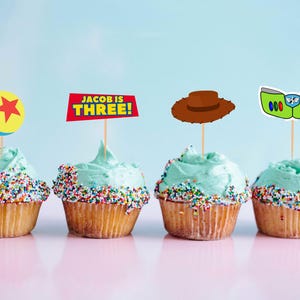 Toy Story Cupcake Toppers – Printable Party Decor – Woody, Buzz, Logo – Custom Name – Digital Download
