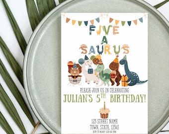 FIVE-A-SAURUS Dinosaur Birthday Invitation | Editable Kids Birthday Invite Template | Instant Download