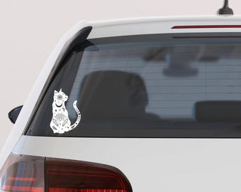 Celestial Cat Decal | Starry Cat Silhouette Car Sticker | White Vinyl, 3–10in
