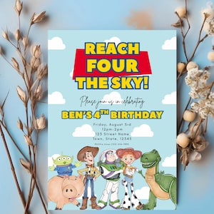 Reach FOUR the Sky Toy Story Birthday Invite | Editable 4th Birthday Template