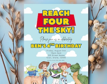 Reach FOUR the Sky Toy Birthday Invite | Editable 4th Birthday Template