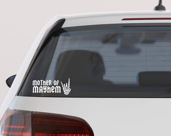 Mother of Mayhem Decal | Rock On Skull Hand Car Sticker | White Vinyl, 3–10in