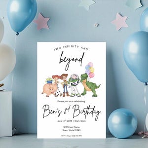 May include: A white invitation card with the text "Two Infinity and Beyond" and "Ben's 1st Birthday". The card features cartoon characters and is decorated with blue and white balloons, and star-shaped decorations. The invitation is for a birthday party.