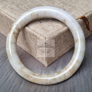 56mm White Jade Bangle with Beige Accents, Rare Natural Jade Bracelet, Unique New Year & Christmas Gift