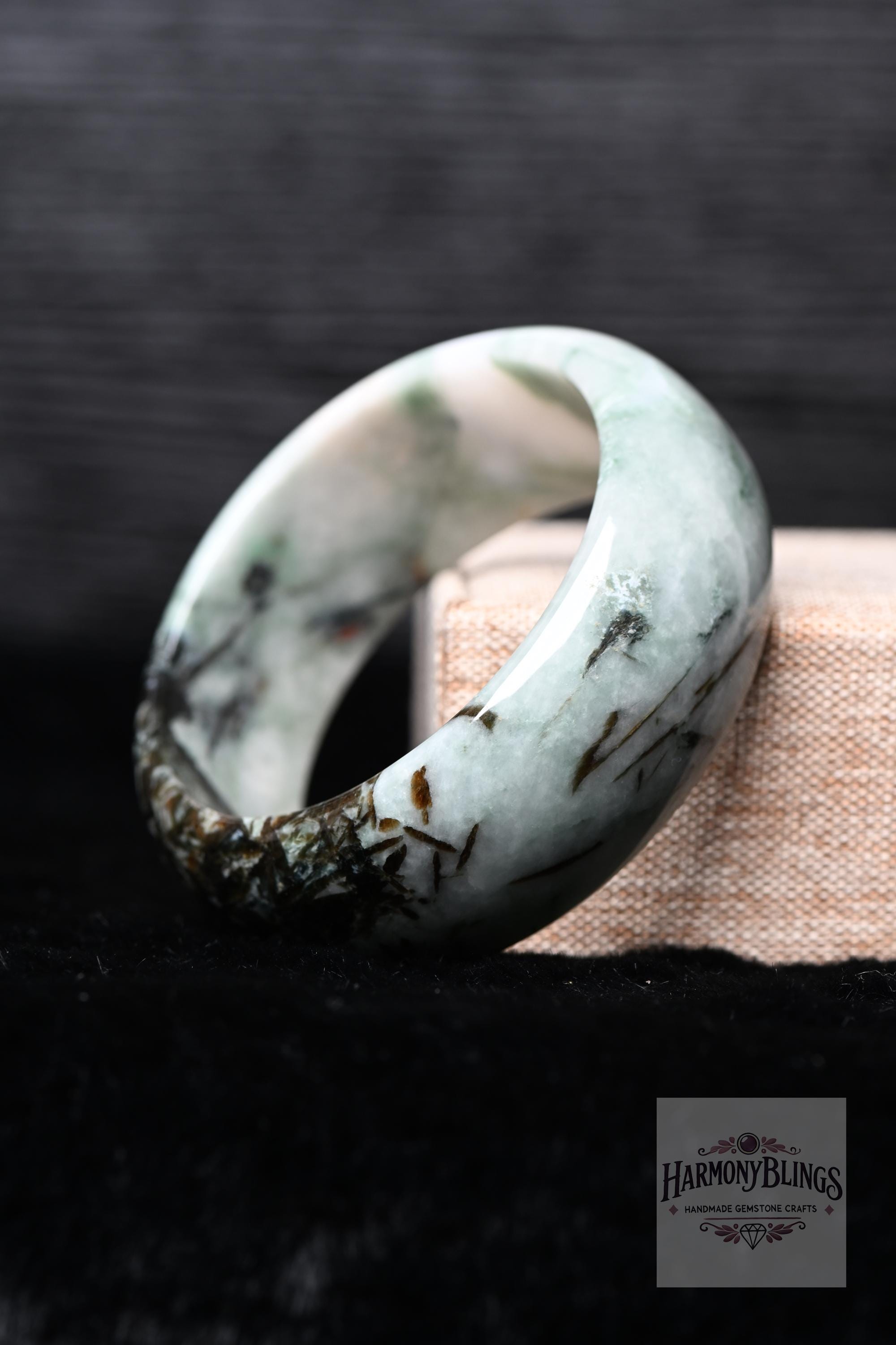 Wide Jade Bangle Bracelet Handmade Feng Shui Lucky Charm Spiritual Jewelry for Good Fortune Christmas & New Year Gift