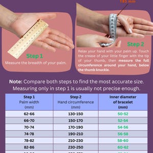 May include: A chart showing how to measure your wrist for a jade bracelet. The chart includes instructions for measuring your palm width and hand circumference in inches, and then provides a corresponding inner diameter for the bracelet in inches.
