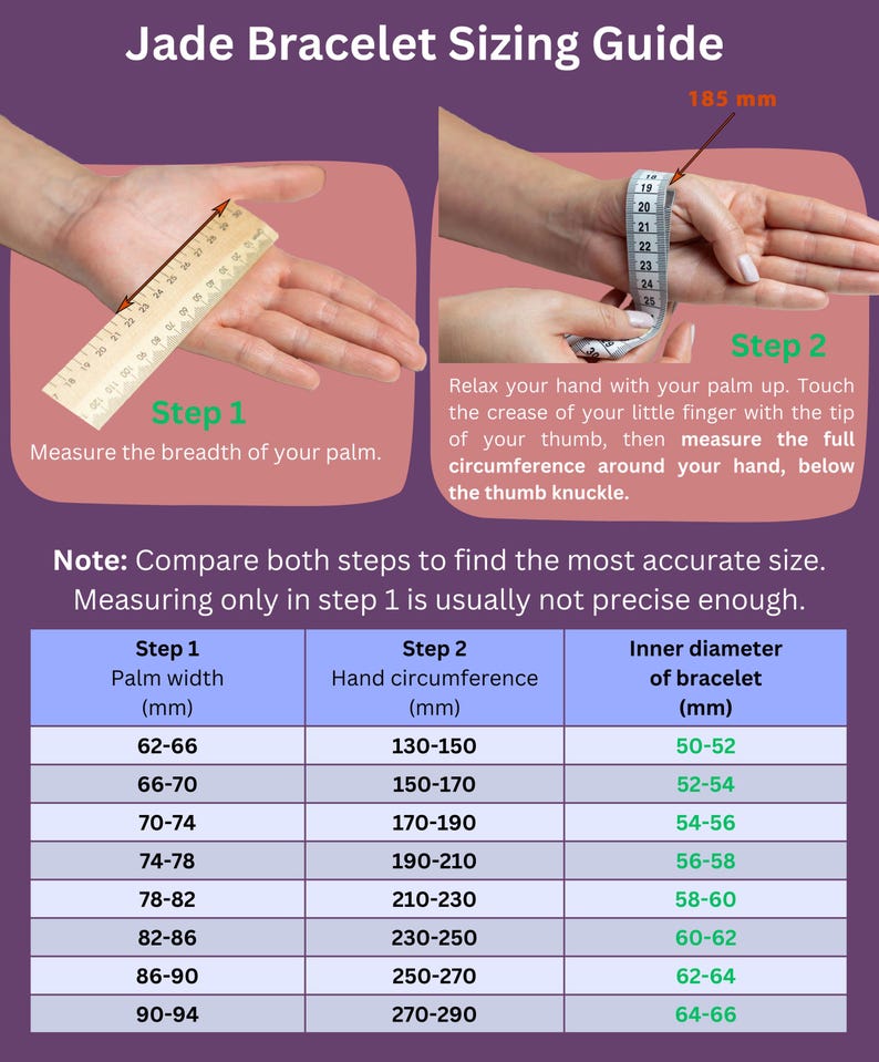 May include: A chart showing how to measure your wrist for a jade bracelet. The chart includes instructions for measuring your palm width and hand circumference in inches, and then provides a corresponding inner diameter for the bracelet in inches.