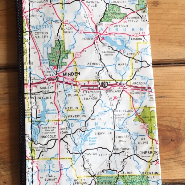 Recycled Vintage Map Louisiana Zipper Pouch Makeup Glasses Pencil Bag Coins Money