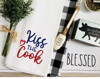 Kiss the Cook Embroidered Towel Unique Kitchen Towel with Embroidery Culinary Enthusiast's Tea Towel Chef's Kitchen Accessory Kiss the Cook