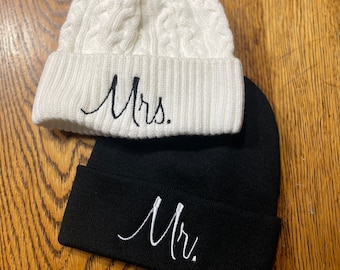 Embroidered Beanie Mr & Mrs Couples Knit Hats Wedding Gift Honeymoon Warm Winter Ski Snowboard Matching Newlywed Anniversary