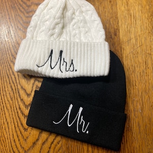 Embroidered Beanie Mr & Mrs Couples Knit Hats Wedding Gift Honeymoon Warm Winter Ski Snowboard Matching Newlywed Anniversary