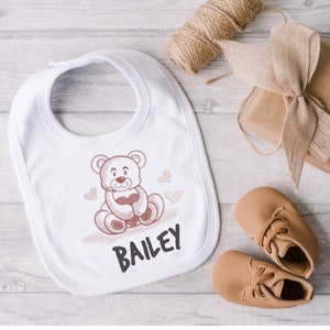 Personalized Teddy Bear with Heart Bib Cute Embroidered Infant Bib Monogrammed Baby Bib Shower Gift Custom Embroidery Bib for Baby Girl boy