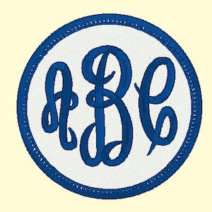 Puede incluir: Un círculo blanco con un borde azul y letras bordadas azules "ABC" en su interior.