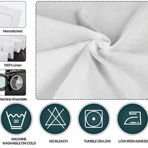 May include: Close-up of white linen fabric with a hemstitched edge. Additional images show the fabric is 100% linen and machine washable on cold. Care symbols indicate no bleach, tumble dry low, and low iron as needed.