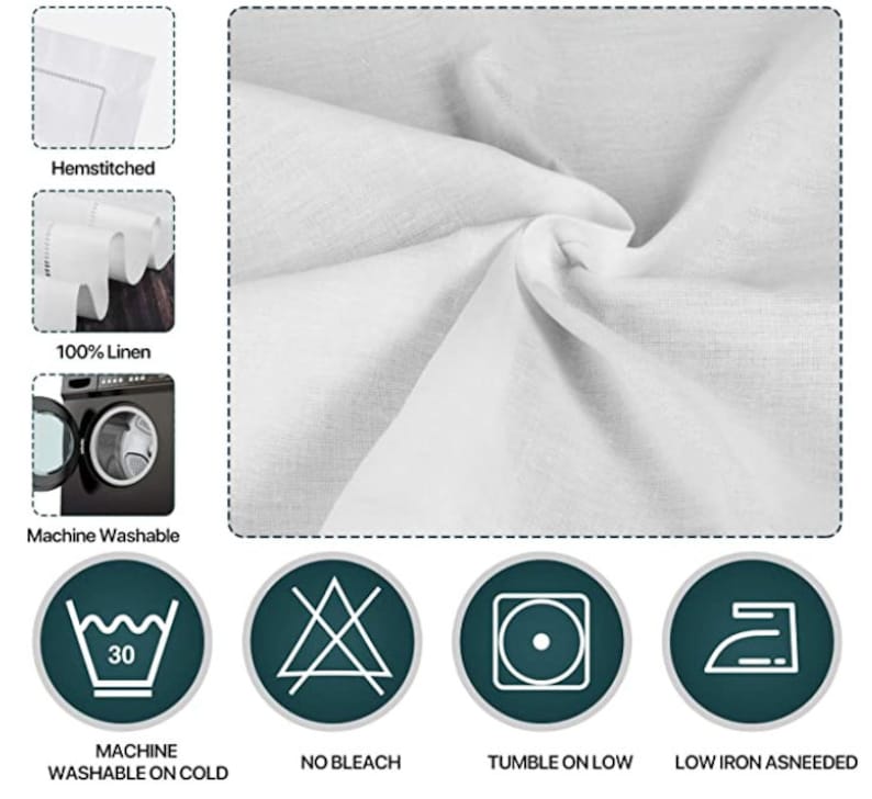 May include: Close-up of white linen fabric with a hemstitched edge. Additional images show the fabric is 100% linen and machine washable on cold. Care symbols indicate no bleach, tumble dry low, and low iron as needed.