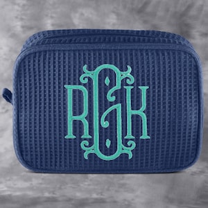 Monogrammed Blue Cosmetic Bag Personalized Makeup Bag Bridesmaid Gift Bridal Party Gift Large Cosmetic Bag Monogram Travel Bag Gift for her