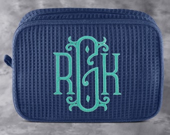 Monogrammed Blue Cosmetic Bag Personalized Makeup Bag Bridesmaid Gift Bridal Party Gift Large Cosmetic Bag Monogram Travel Bag Gift for her