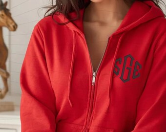 Sudadera con capucha y cremallera completa con monograma rojo personalizado / Sudadera bordada a medida / Regalo para el Día de la Madre