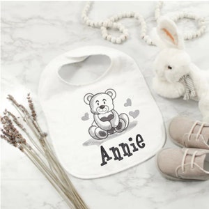 Personalized Baby Bib Holiday Teddy Bear with Heart Embroidered Monogrammed Feeding Bib Baby Shower Gift