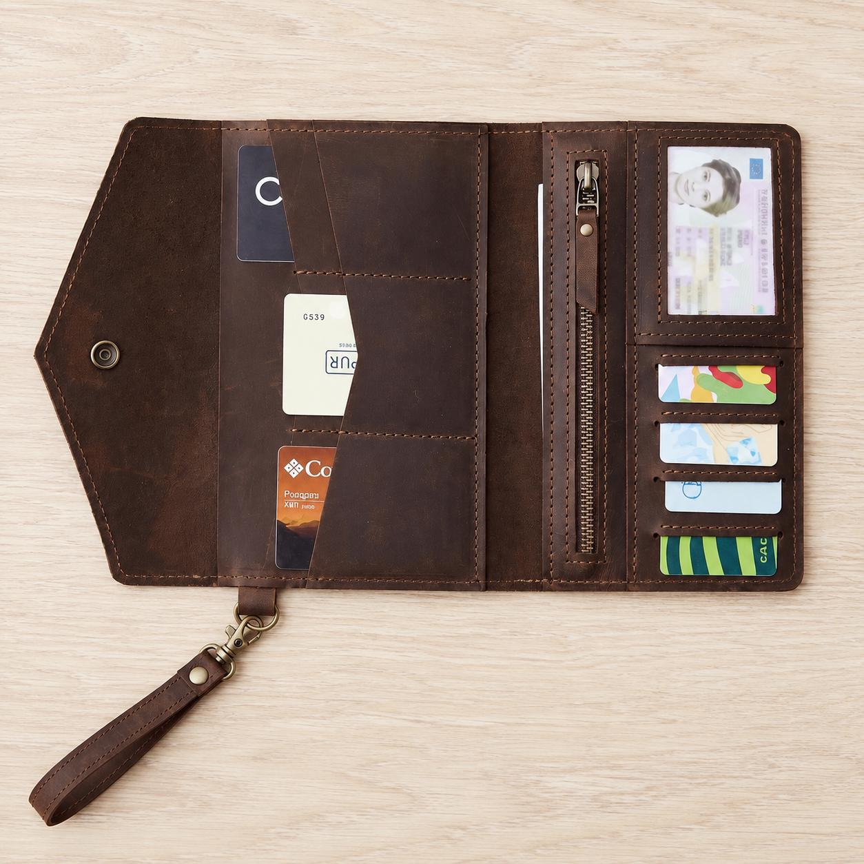 Personalized leather passport wallet, Leather travel wallet, Boarding pass document organizer, Large wristlet wallet, Gift for her
