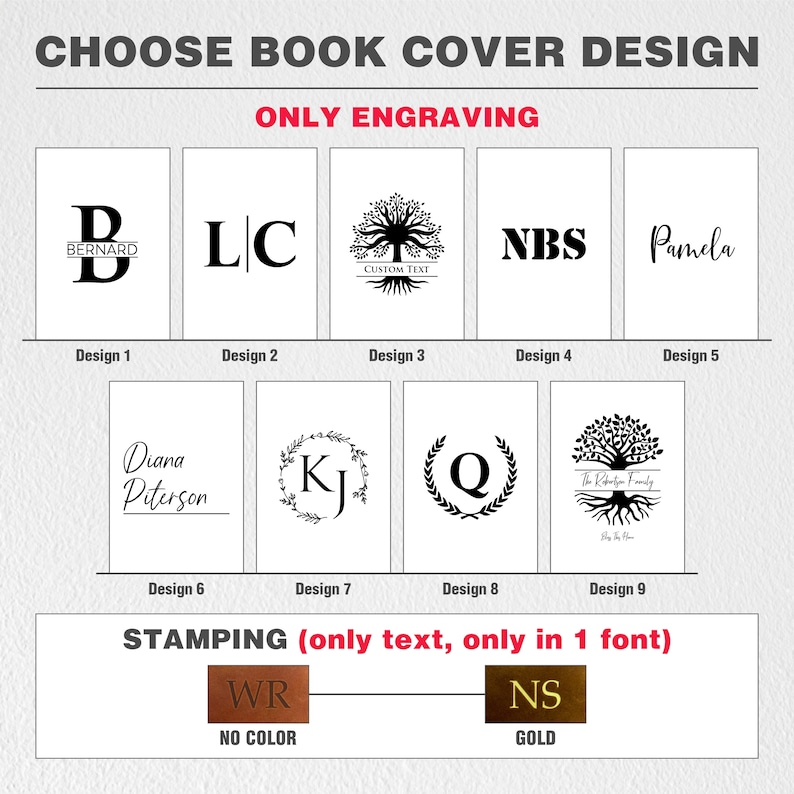 May include: Nine different designs for book covers. The designs include initials, names, and a tree with roots. The designs are for engraving or stamping. The engraving options are in black and white. The stamping options are in black and white with the option of gold foil.
