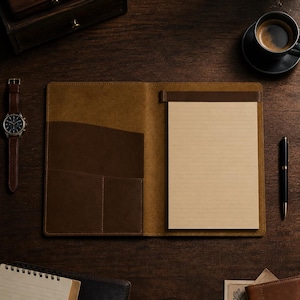 Könnte beinhalten: Ein offenes, braunes Leder-Portfolio mit Notizblock, Stift und Uhr auf einer dunklen Holzoberfläche. Das Portfolio hat eine Tasche und einen Notizblock mit liniertem Papier. Eine Tasse Kaffee steht auf einer Untertasse.