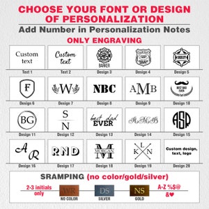 May include: A chart displaying 20 different font and design options for personalised engraving. The options include text, initials, logos, and symbols. The chart also includes a section for stamping with no colour, silver, or gold.