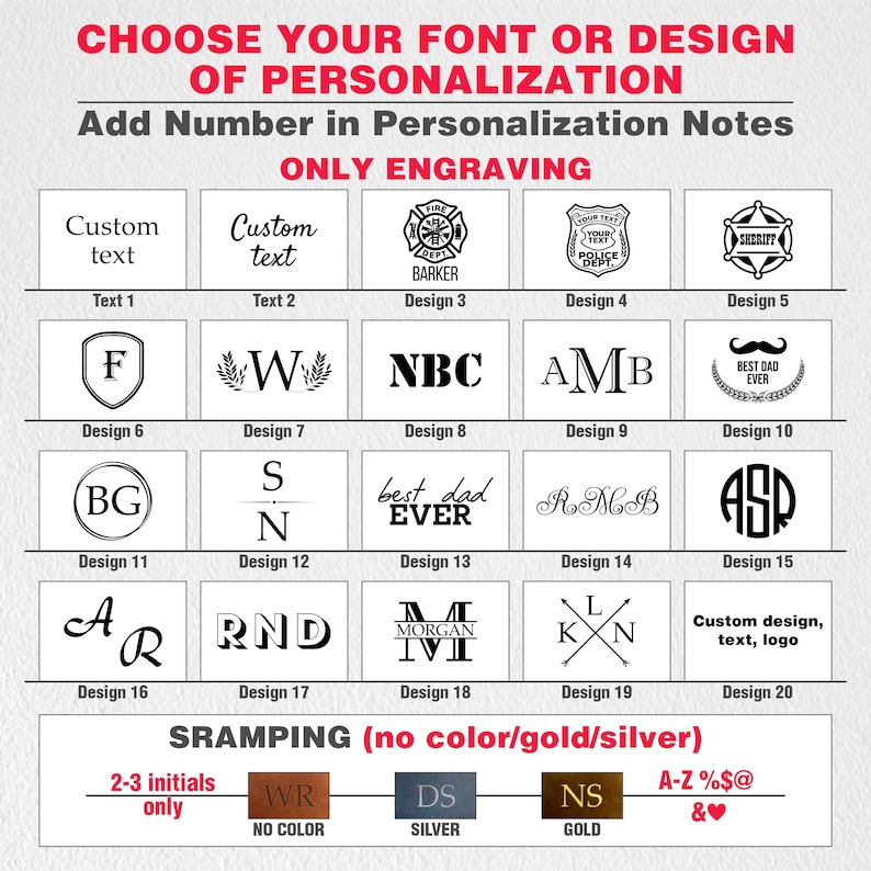 May include: A chart displaying 20 different font and design options for personalised engraving. The options include text, initials, logos, and symbols. The chart also includes a section for stamping with no colour, silver, or gold.