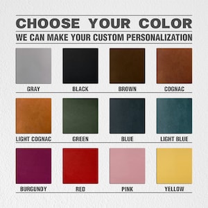 May include: A colour chart showing 12 different leather colours. The colours are: grey, black, brown, cognac, light cognac, green, blue, light blue, burgundy, red, pink, and yellow.