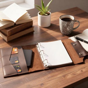 Può includere: Un raccoglitore in pelle marrone con meccanismo a tre anelli, aperto su pagine bianche. Il raccoglitore ha fessure per carte e una tasca che contiene uno smartphone. Una tazza di caffè, libri e una piccola pianta in vaso sono anche sulla superficie di legno.