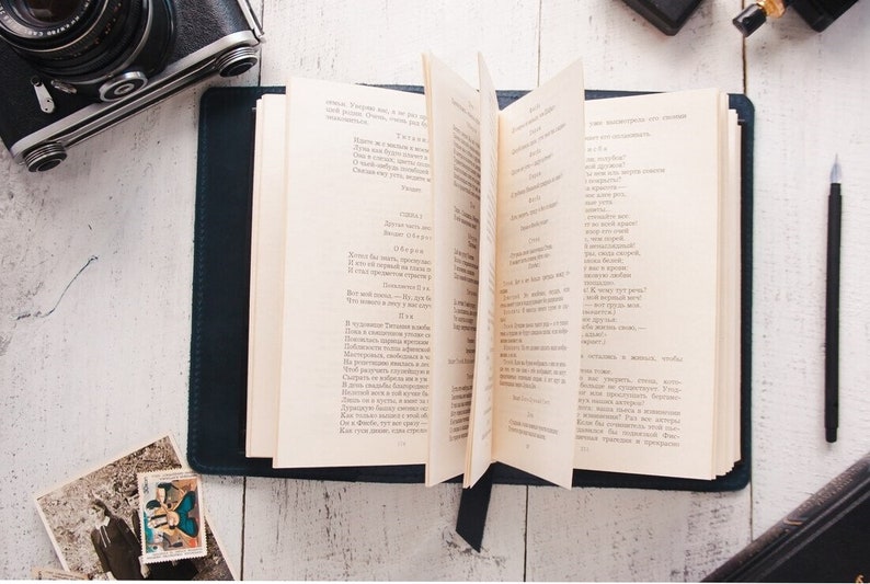 May include: A blue leather-bound journal with a bookmark, open to a page of text in a foreign language. The journal is on a white wooden surface with a vintage camera and a photograph.