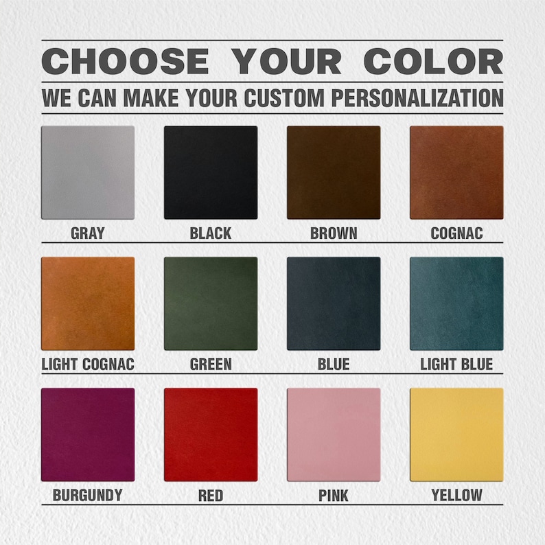 May include: A color chart showing 12 different leather colors. The colors are: gray, black, brown, cognac, light cognac, green, blue, light blue, burgundy, red, pink, and yellow.