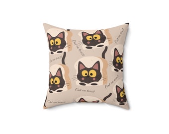 Almohada de gato negro, cojín de gatos divertidos, almohada de gato sobre tostada, cojín de gato lindo, gato de dibujos animados, almohada beige