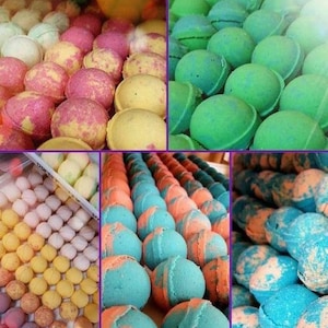 May include: A collage of colorful bath bombs in various arrangements. The bombs are in shades of pink, yellow, green, blue, and orange. Some have a marbled effect, while others are solid colors. The image showcases a variety of bath products.