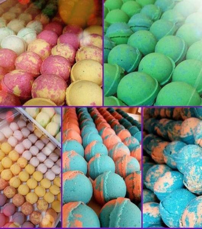 May include: A collage of colorful bath bombs in various arrangements. The bombs are in shades of pink, yellow, green, blue, and orange. Some have a marbled effect, while others are solid colors. The image showcases a variety of bath products.