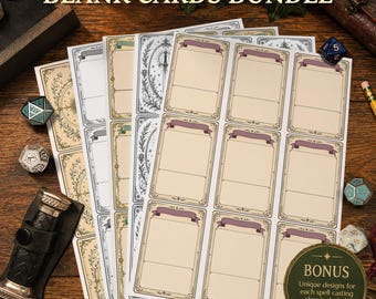 May include: A D&D 5E blank cards bundle featuring multiple sheets of rectangular cards with decorative borders in cream, green, and blue tones. The cards include purple and green banners for text, with a bonus circular card featuring the text BONUS.