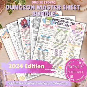 May include: A D&D 5E 2024 Dungeon Master sheet bundle featuring multiple pages of game rules, tables, and charts. The sheets include illustrations of cartoon animals and text detailing combat sequences, movement, exhaustion, and exploration mechanics.