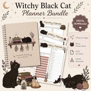 May include: A Witchy Black Cat Planner Bundle digital download featuring a spiral-bound notebook with a cat on a shelf illustration, monthly, weekly, and daily planner pages, a bonus sticker sheet, and text including Witchy Black Cat Planner Bundle.
