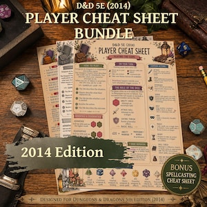 DnD 5E (2014) Fusklappspaket för nya spelare PDF | Snabbreferens för strid och trolldom | Utskrivbar DnD-guide | Digital nedladdning