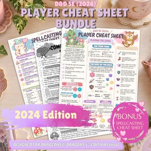 May include: A D&D 5E 2024 player cheat sheet bundle featuring multiple printed pages with game rules, spellcasting guides, and character action instructions. The sheets include colorful illustrations of dragons, owls, and mushrooms with clear text headers.