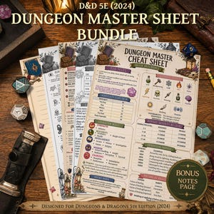 May include: A D&D 5E 2024 Dungeon Master Sheet Bundle featuring multiple printed reference pages with tables for D20 tests, difficulty classes, character skills, damage types, and severity levels, accompanied by polyhedral dice and a dagger.