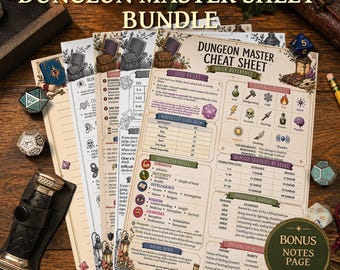 Può includere: Un set di fogli per Dungeon Master D&D 5E 2024 che include un foglio di consultazione rapida con tabelle per test D20, classi di difficoltà, abilità del personaggio, tipi di danno e gravità del danno per livello, oltre a una pagina di note.