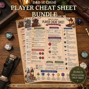 Peut inclure: Un ensemble de fiches aide-mémoire pour joueurs D&D 5E 2024 comprenant des guides de référence imprimés avec des règles de jeu, des icônes de dés et des actions courantes. Les feuilles beiges incluent des sections sur le jeu et un aide-mémoire bonus.