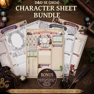 Pode incluir: Um conjunto de fichas de personagem D&D 5E 2024 com várias páginas impressas com bordas intrincadas, blocos de estatísticas, listas de habilidades e seções de equipamento. As fichas incluem ilustrações decorativas de criaturas fantásticas e itens, com uma etiqueta circular de bônus no centro. A coleção está disposta sobre uma superfície de madeira escura ao lado de dados poliédricos, uma bolsa de veludo e um tinteiro.