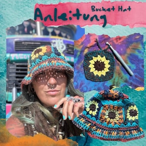Könnte beinhalten: Ein gehäkelter Bucket-Hut mit einem Sonnenblumenmuster in den Farben Braun, Gelb, Grün und Blau. Der Hut ist aus einem dicken Garn gefertigt und hat eine breite Krempe. Der Hut ist auf dem Kopf einer Person zu sehen und auch flach gelegt.