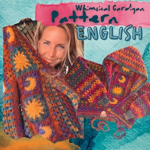 May include: A hooded crochet cardigan featuring a multicoloured granny square pattern with sun and moon motifs in shades of orange, yellow, purple, and blue. The garment includes long sleeves, a hood, and two ties at the front hem.