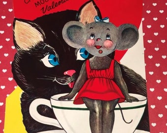 SUPER LARGE Vintage Valentine Card Mechanical Black Cat Cute Girl Mouse NOS Free Ship