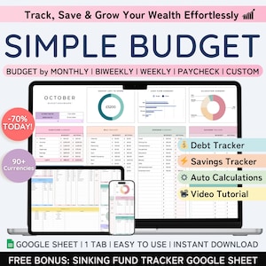 Simple Budget Spreadsheet, Weekly, Monthly, Biweekly and Paycheck Budget, Bill & Debt Tracker, Financial Planner Google Sheets Template